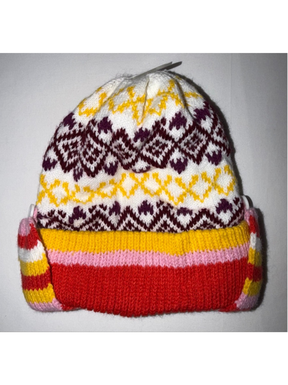 Girl Le Tigre One Size Fair Isle Knit Beanie Winter Colorful Earflaps Ski NWT - Picture 3 of 5